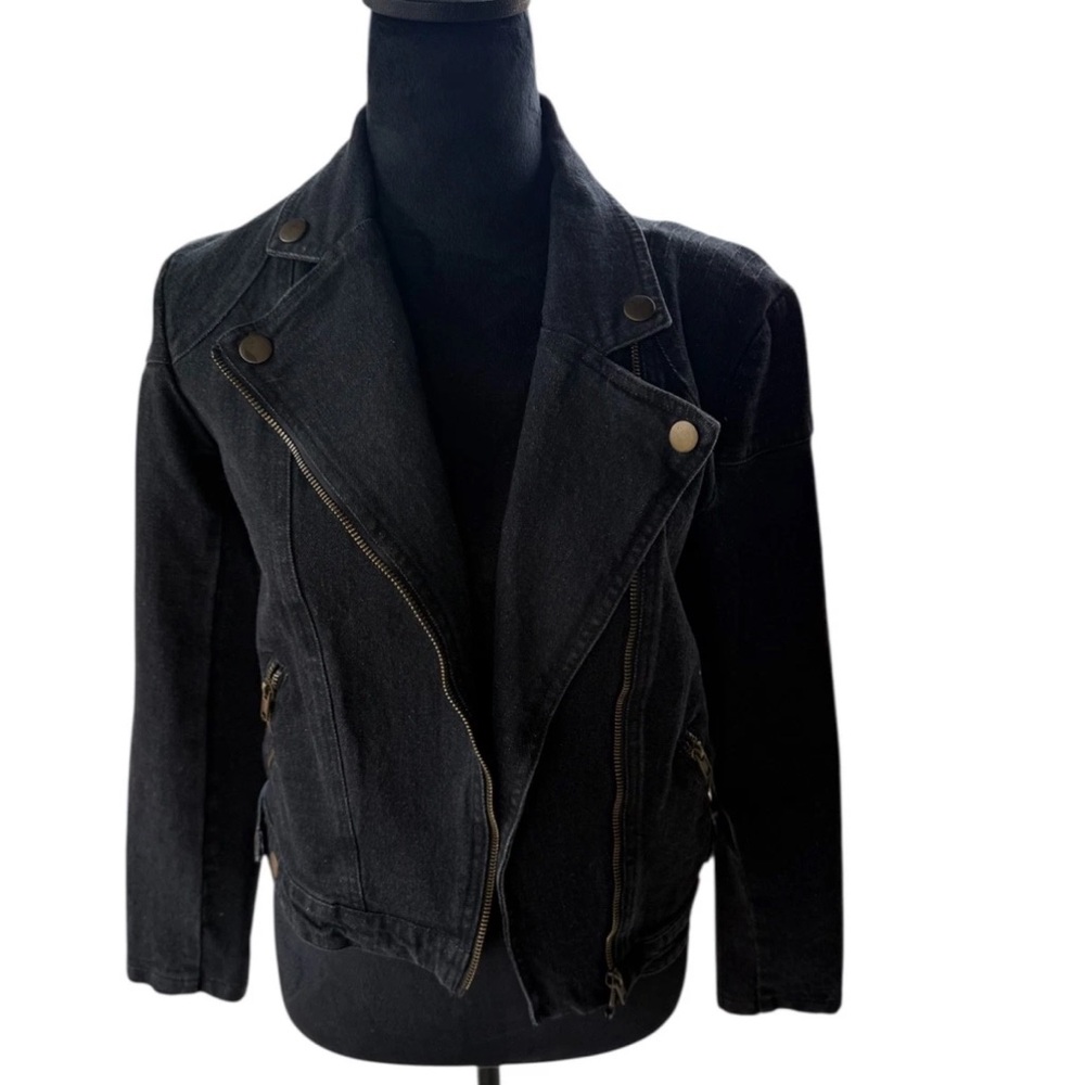 Sugar Lips Asymmetric Zip Denim Moto Jacket XS Black - Picture 2 of 6